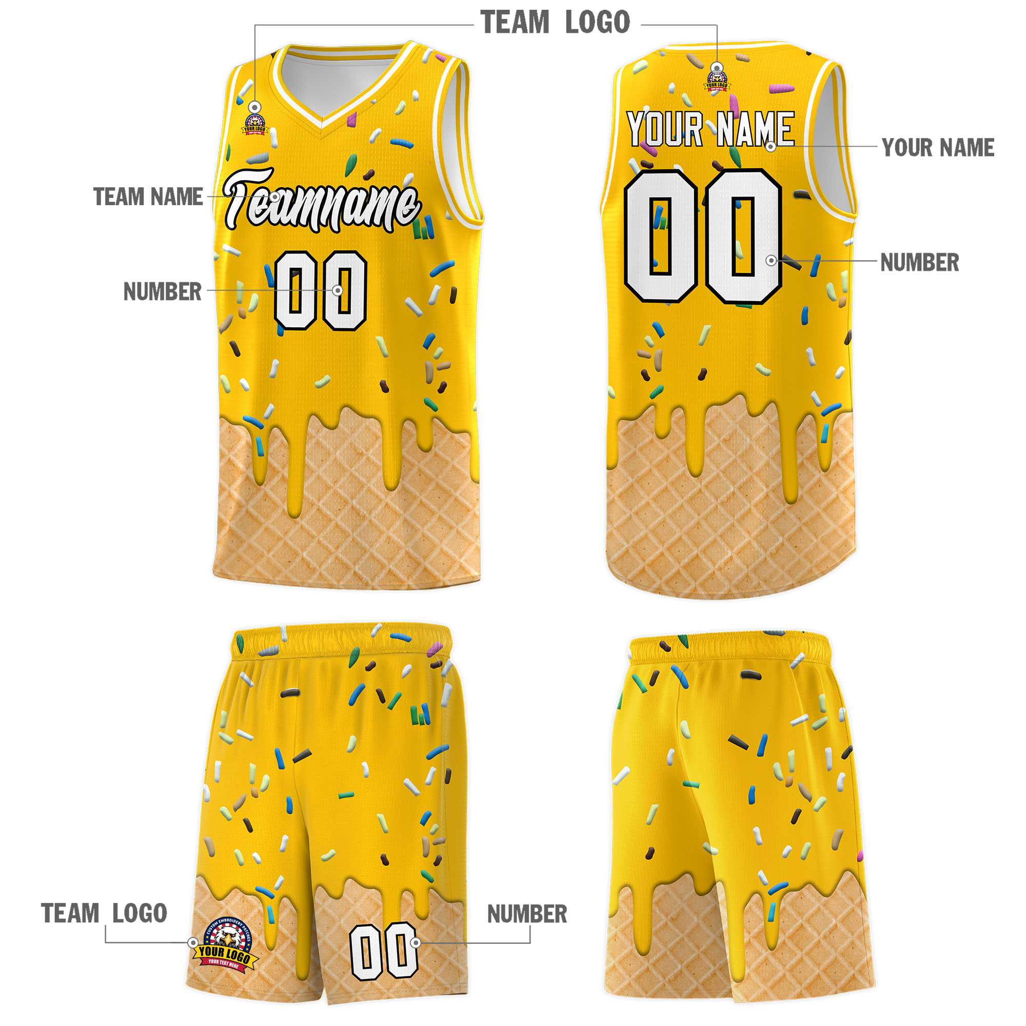 Custom Yellow Basketball Kits with Ice Cream Element Pattern