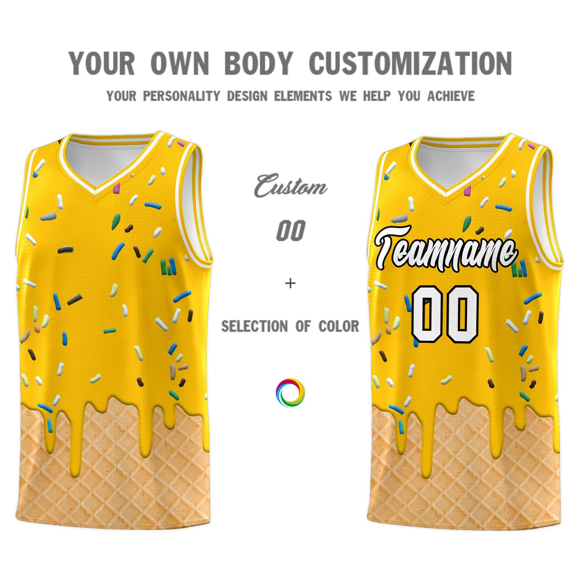 Custom Yellow Basketball Kits with Ice Cream Element Pattern