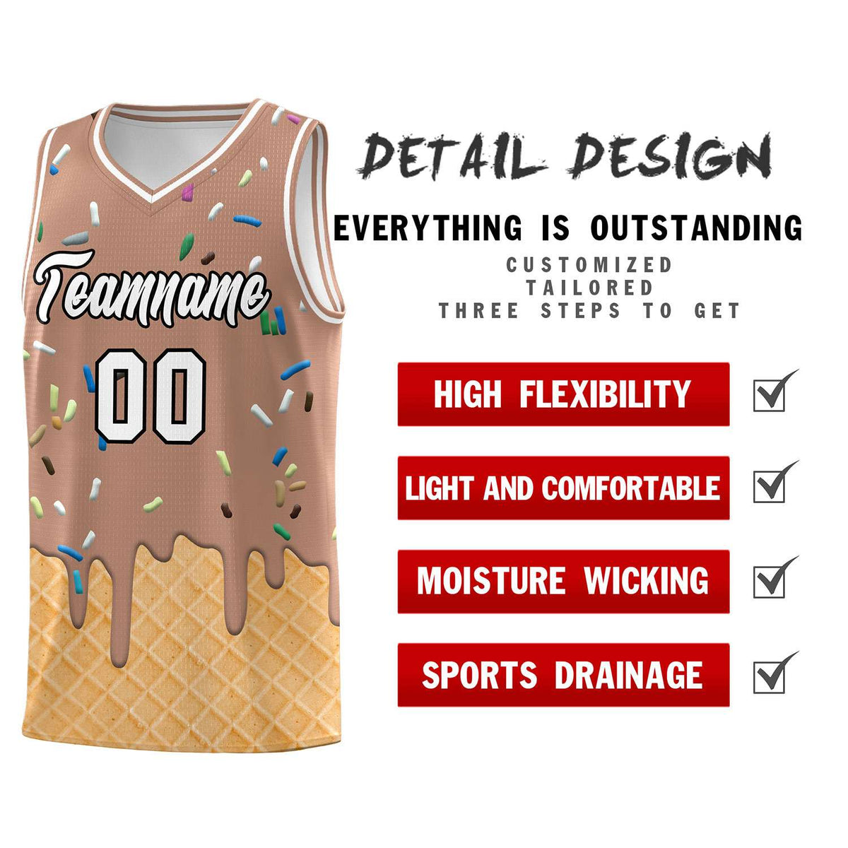 Custom Coffee Basketball Kits with Ice Cream Element Pattern