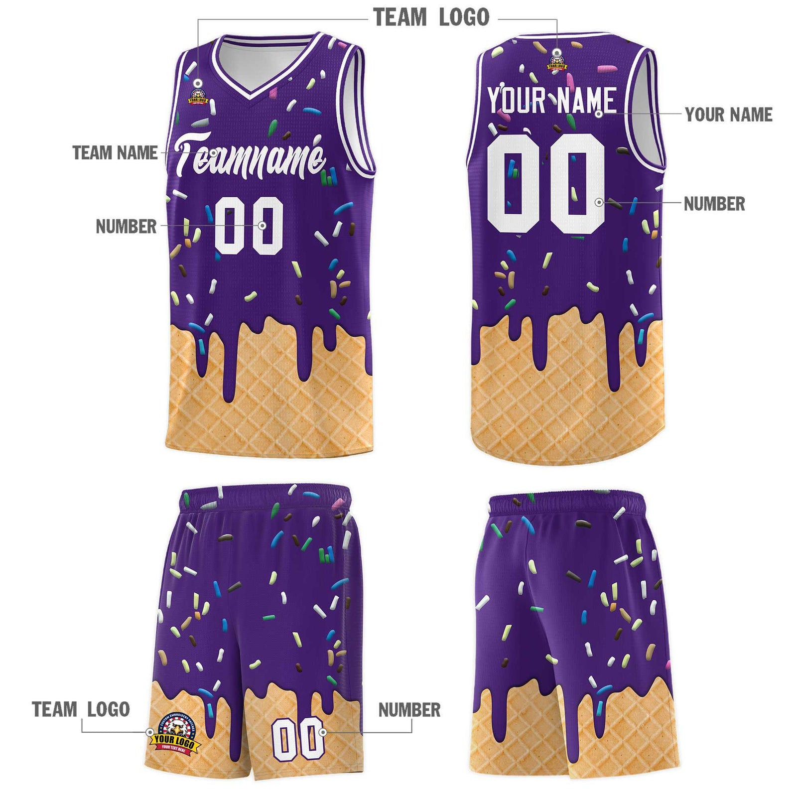 Custom Purple Basketball Kits with Ice Cream Element Pattern