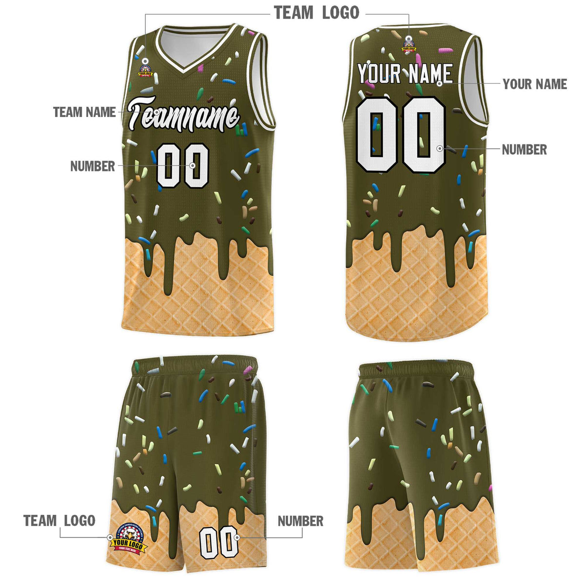 Custom Olive Basketball Kits with Ice Cream Element Pattern