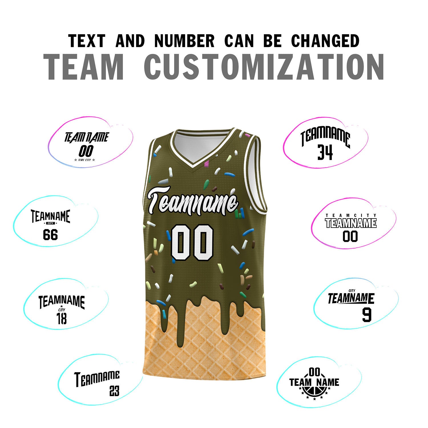 Custom Olive Basketball Kits with Ice Cream Element Pattern