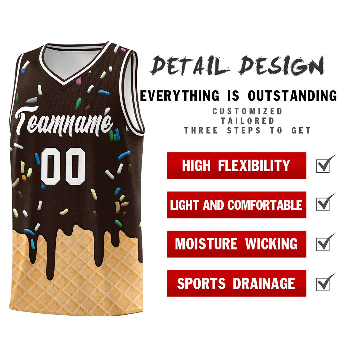Custom Brown Basketball Kits with Ice Cream Element Pattern