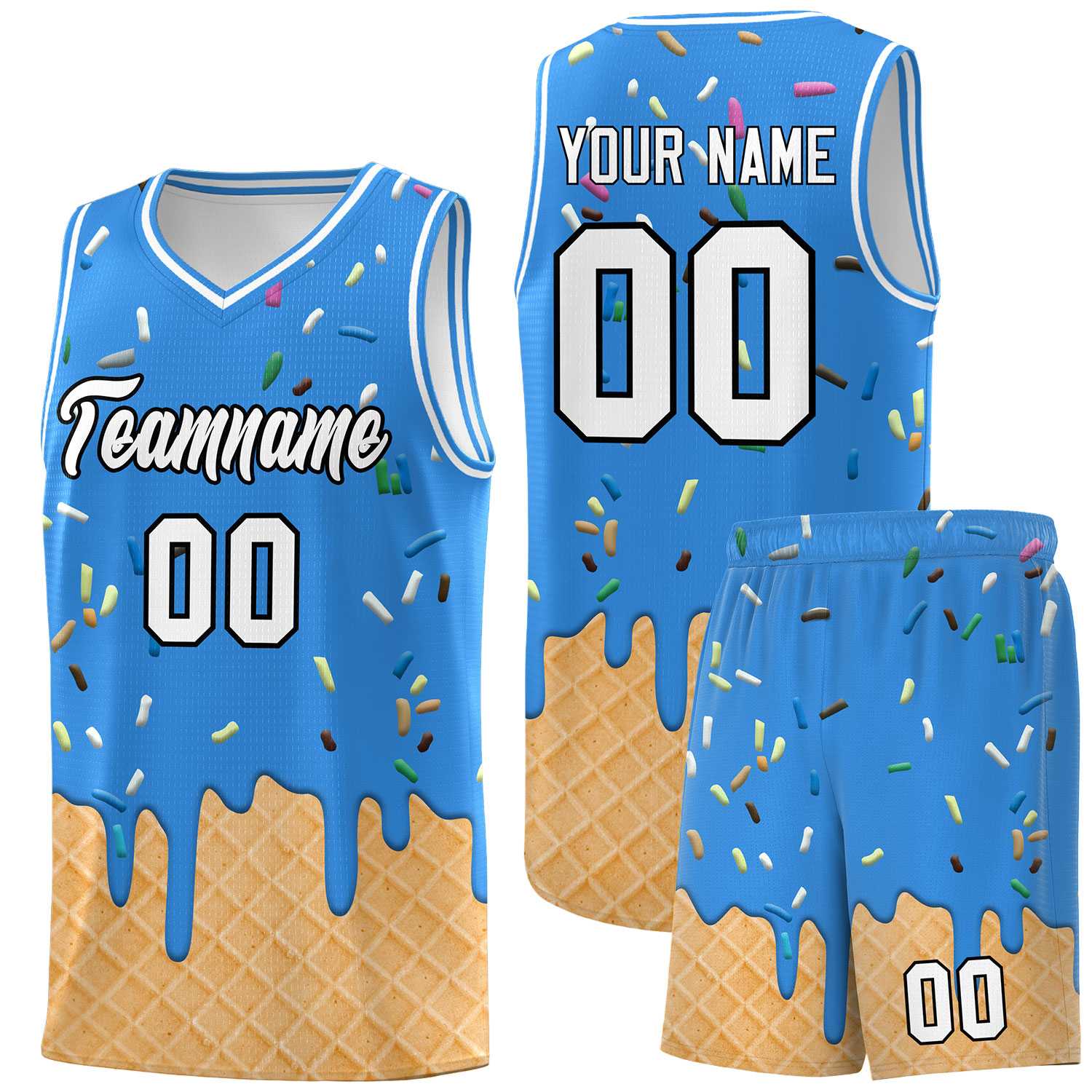 Custom Light Blue Basketball Kits with Ice Cream Element Pattern