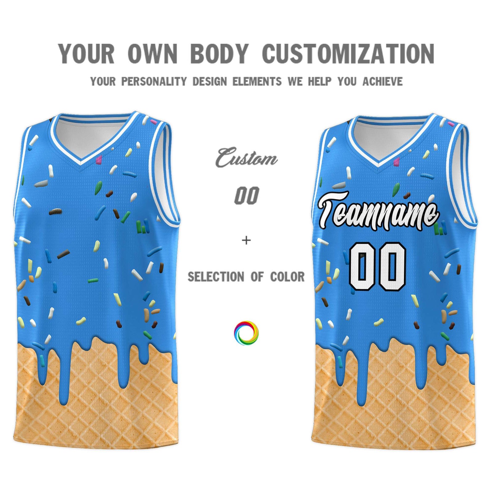 Custom Light Blue Basketball Kits with Ice Cream Element Pattern