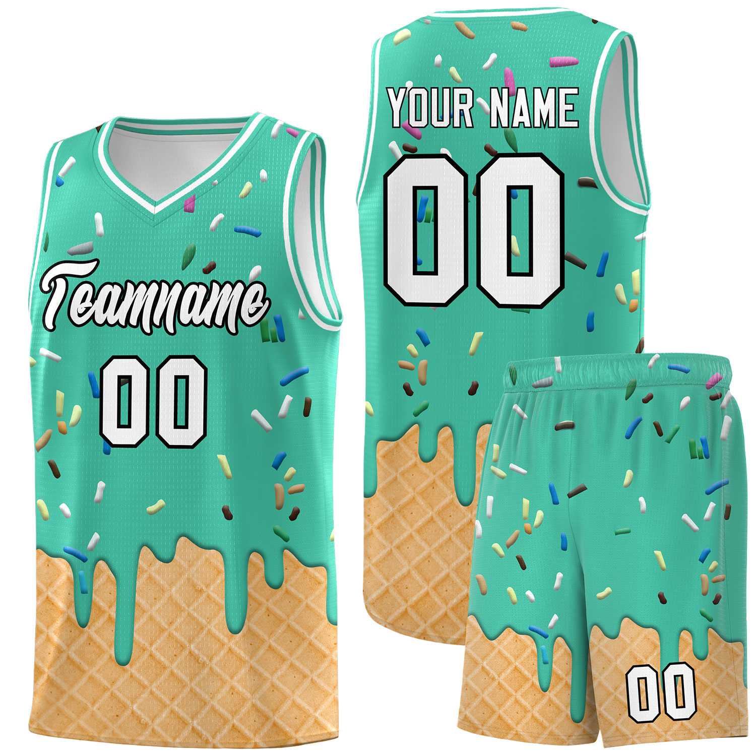 Custom Olive Basketball Kits with Ice Cream Element Pattern