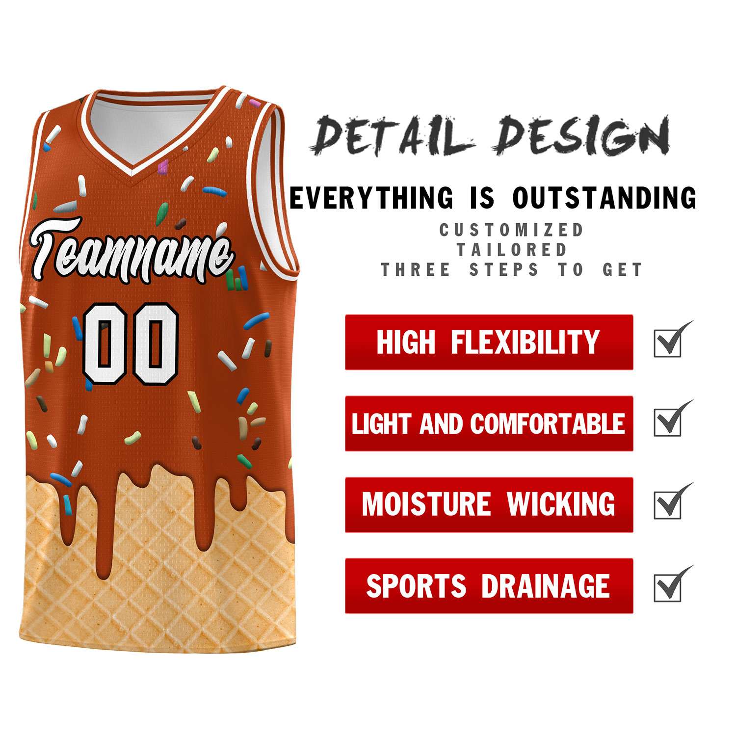 Custom Dark Orange Basketball Kits with Ice Cream Element Pattern