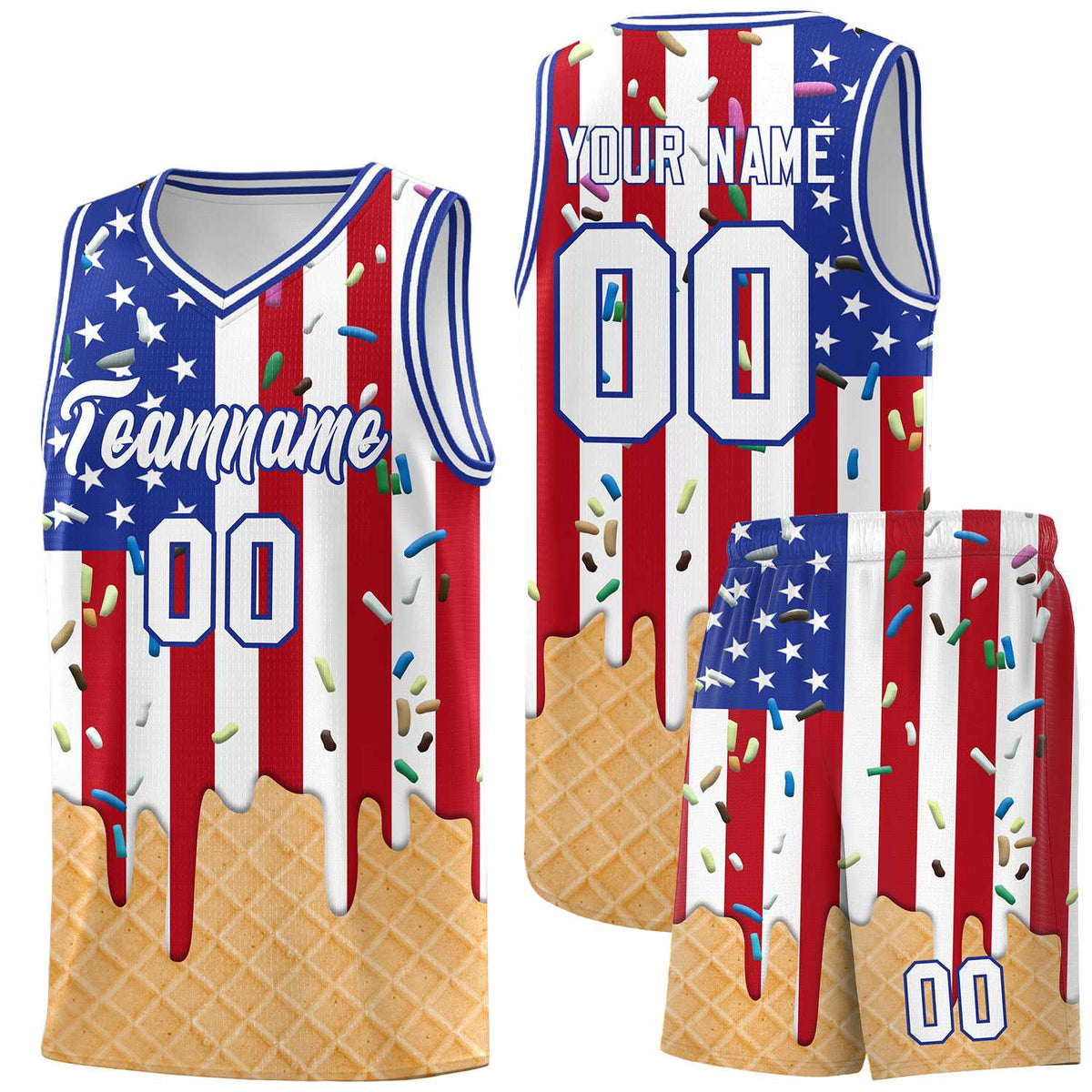 Custom American Flag Basketball Kits with Ice Cream Element Pattern