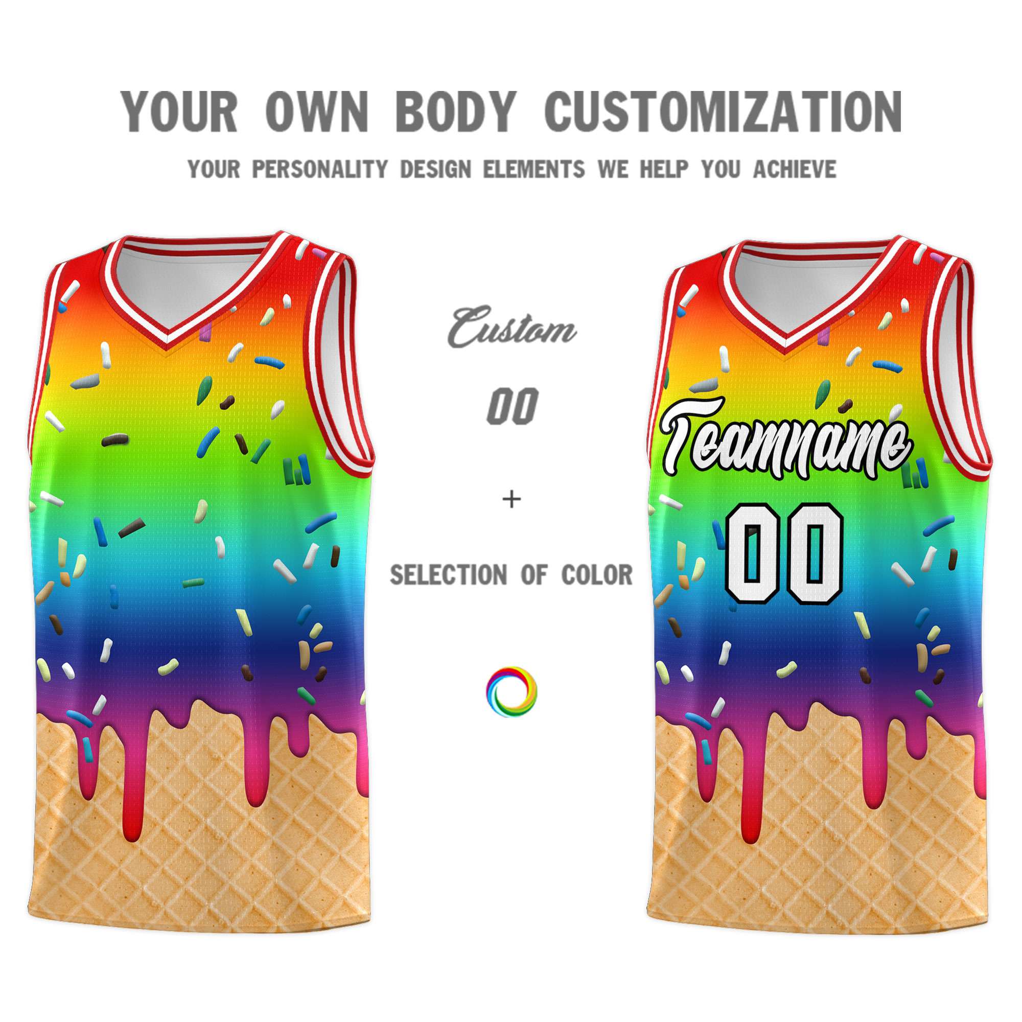 Custom Rainbow Basketball Kits with Ice Cream Element Pattern