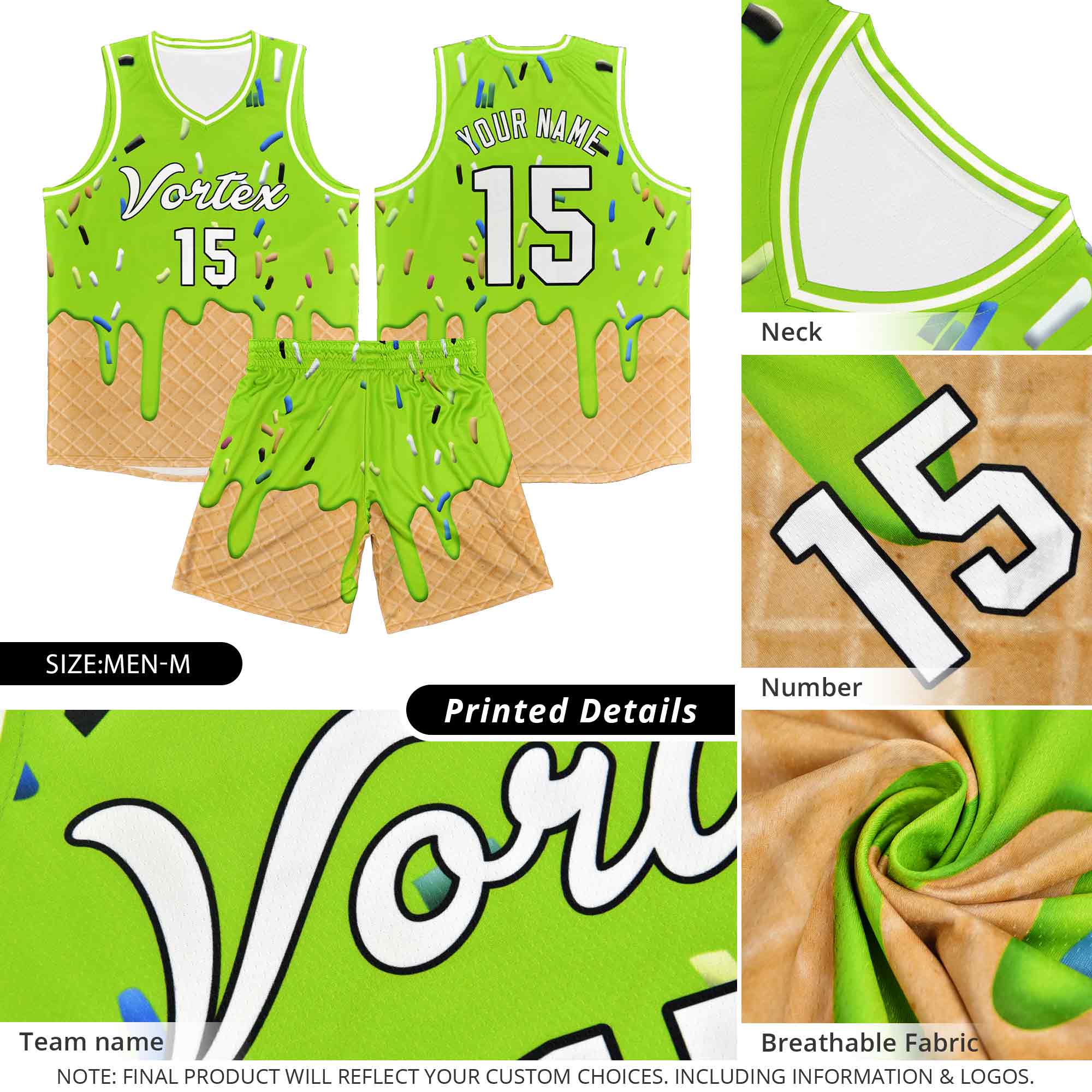 Custom Gold Basketball Kits with Ice Cream Element Pattern