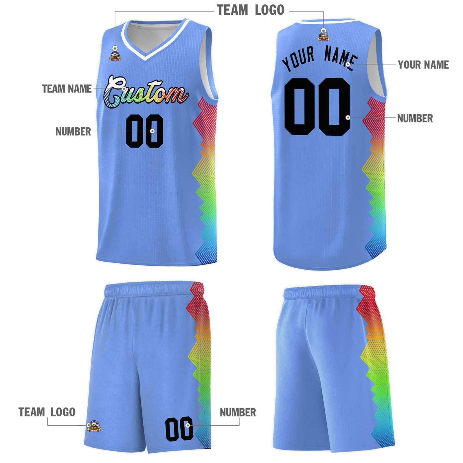 Custom Light Blue Denver Nuggets Rainbow Side Sports Uniform Basketball Jersey