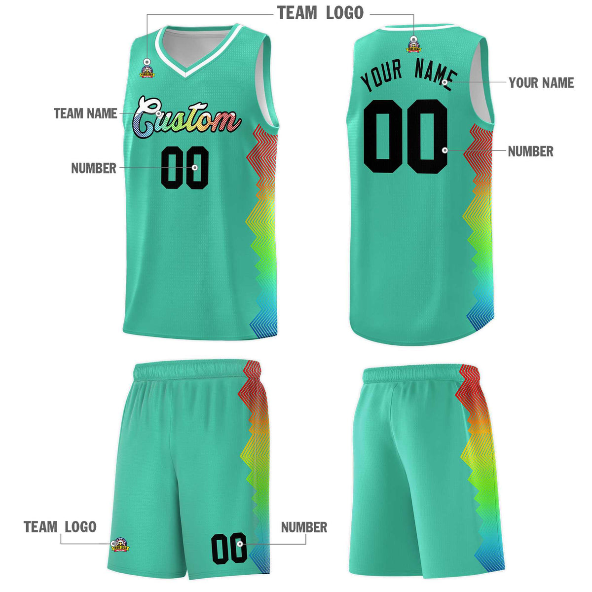Custom Bright Green Denver Nuggets Rainbow Side Sports Uniform Basketball Jersey