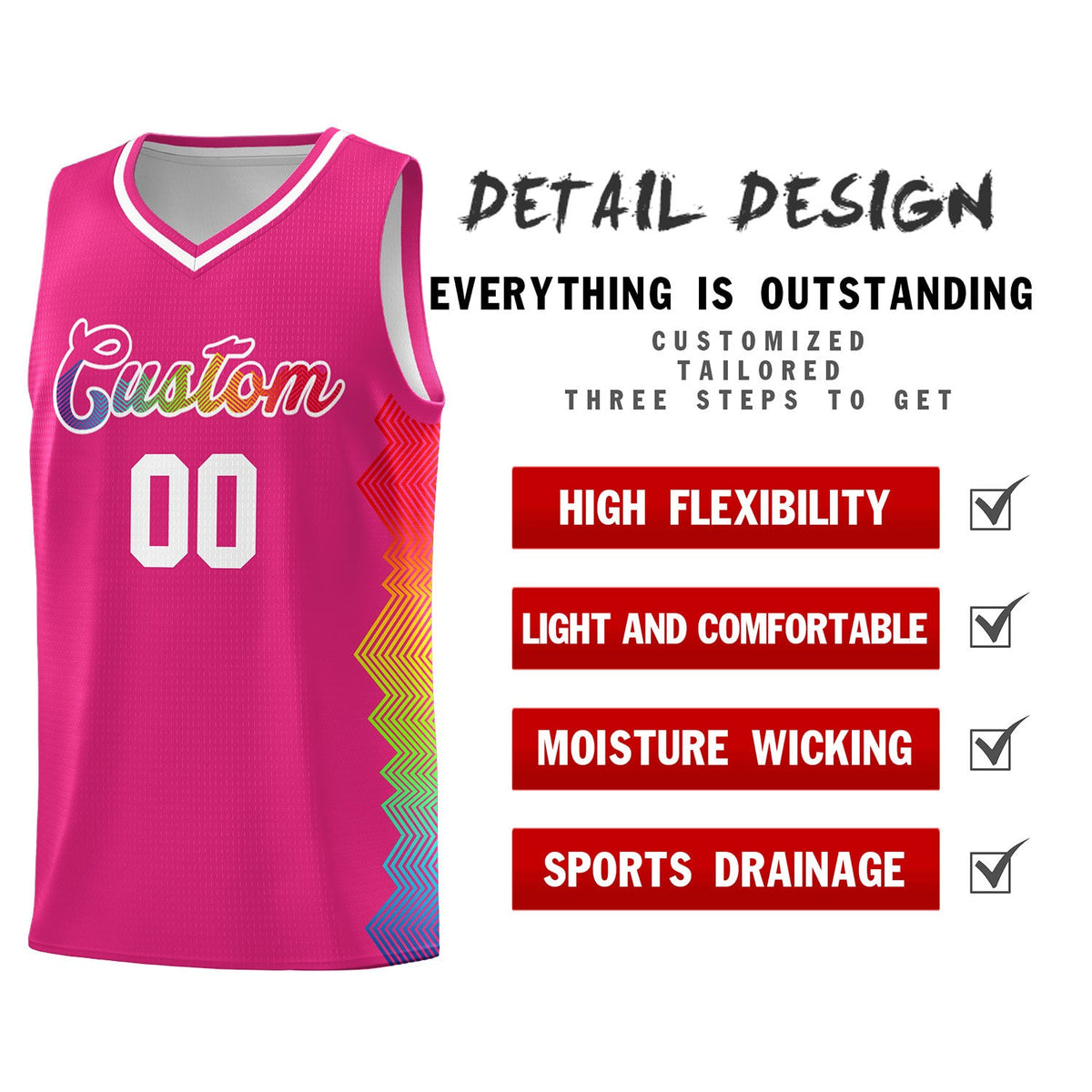 Custom Rose Red Denver Nuggets Rainbow Side Sports Uniform Basketball Jersey