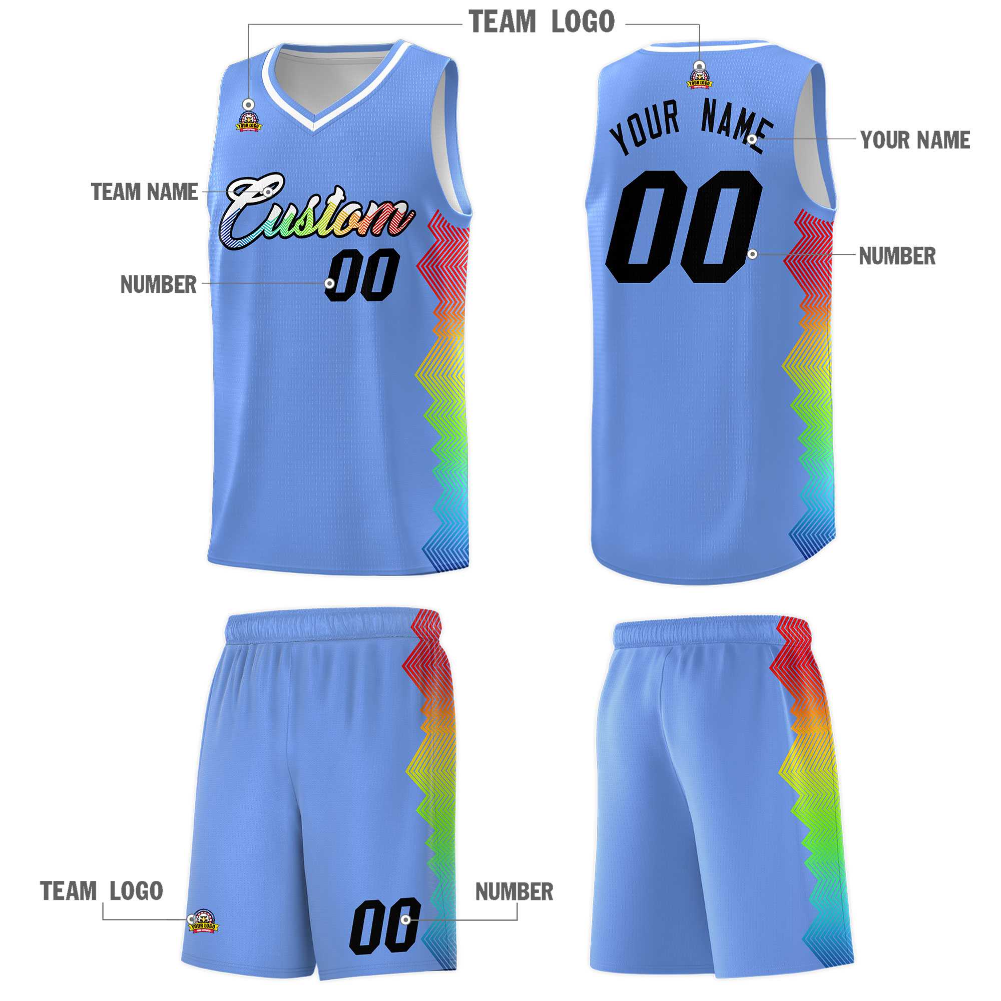 Custom Light Blue Denver Nuggets Rainbow Side Sports Uniform Basketball Jersey