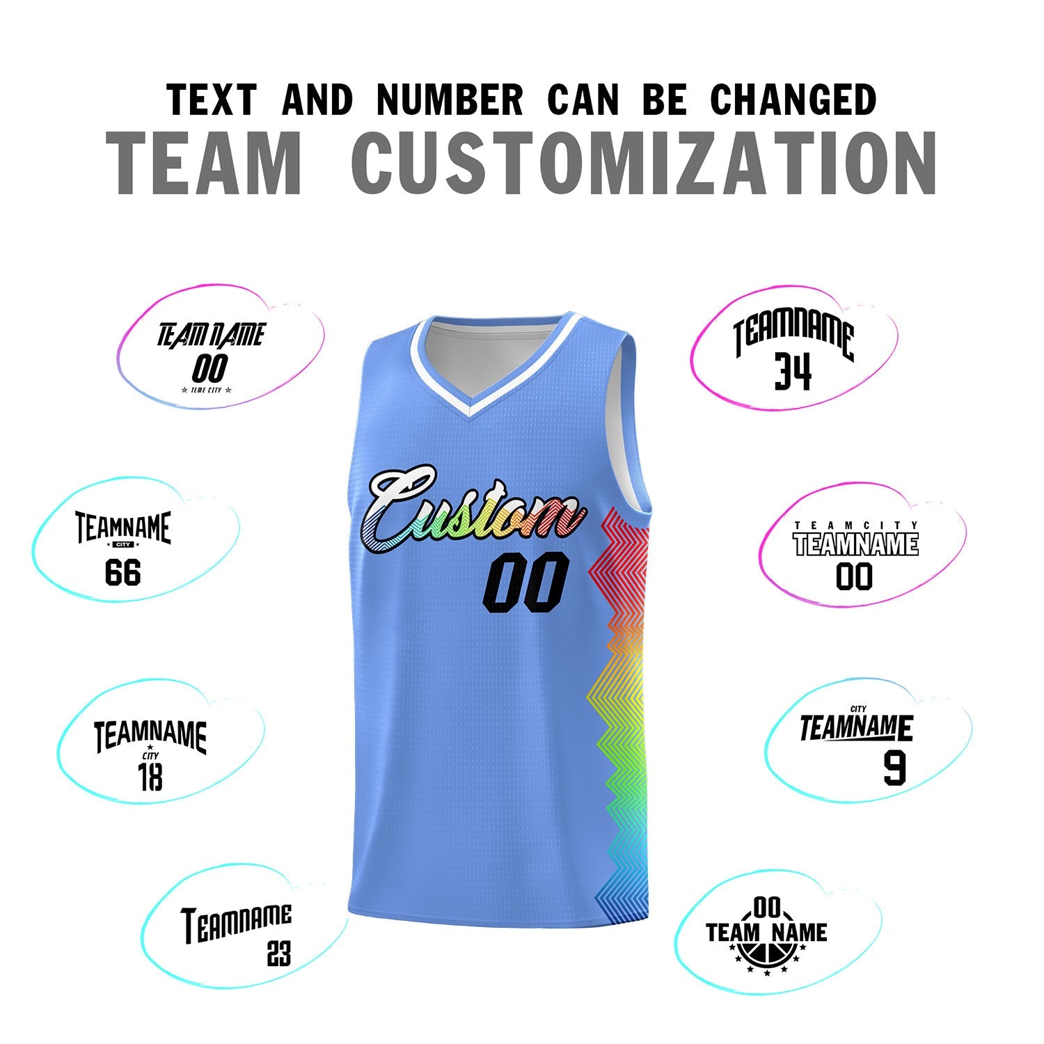 Custom Light Blue Denver Nuggets Rainbow Side Sports Uniform Basketball Jersey