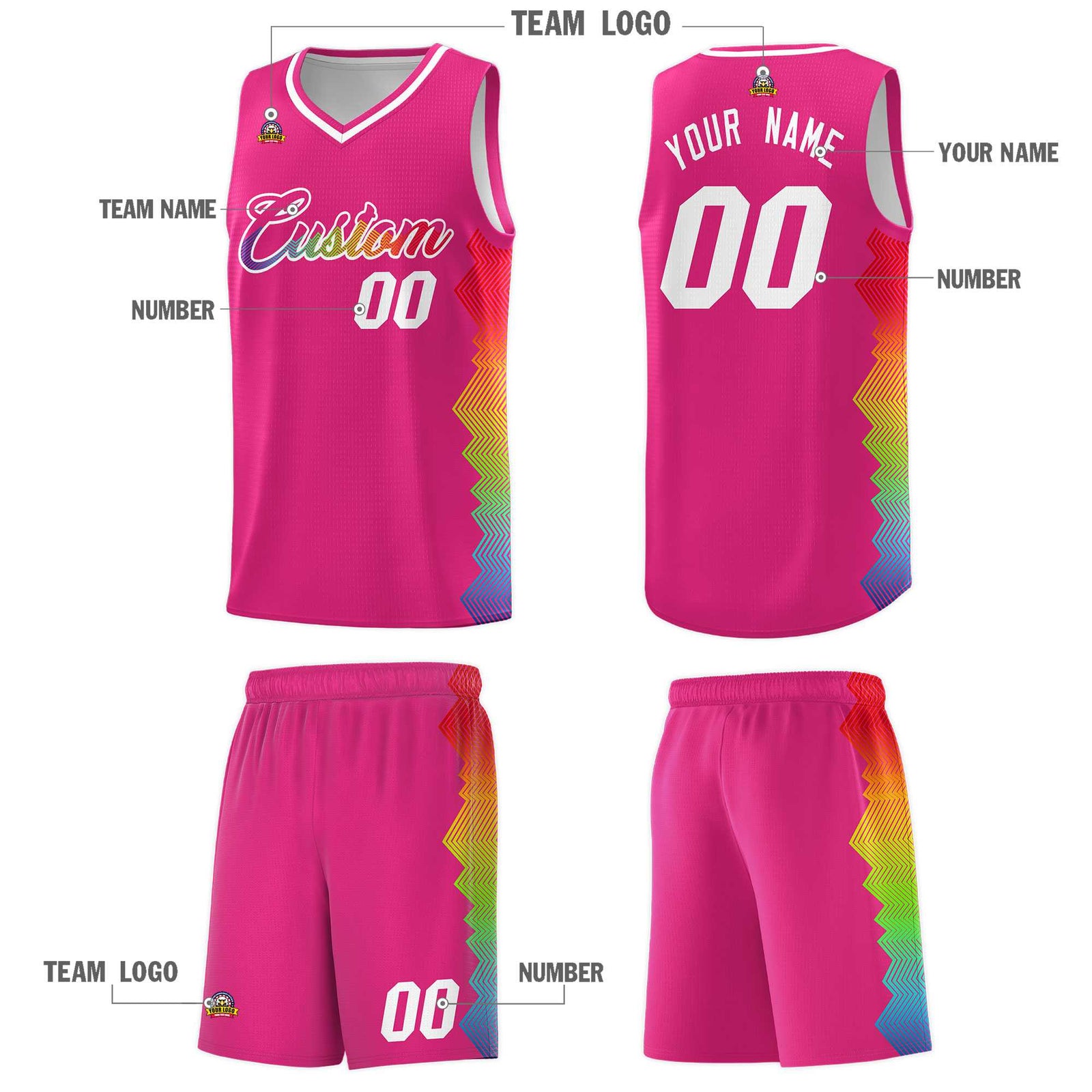 Custom Rose Red Denver Nuggets Rainbow Side Sports Uniform Basketball Jersey