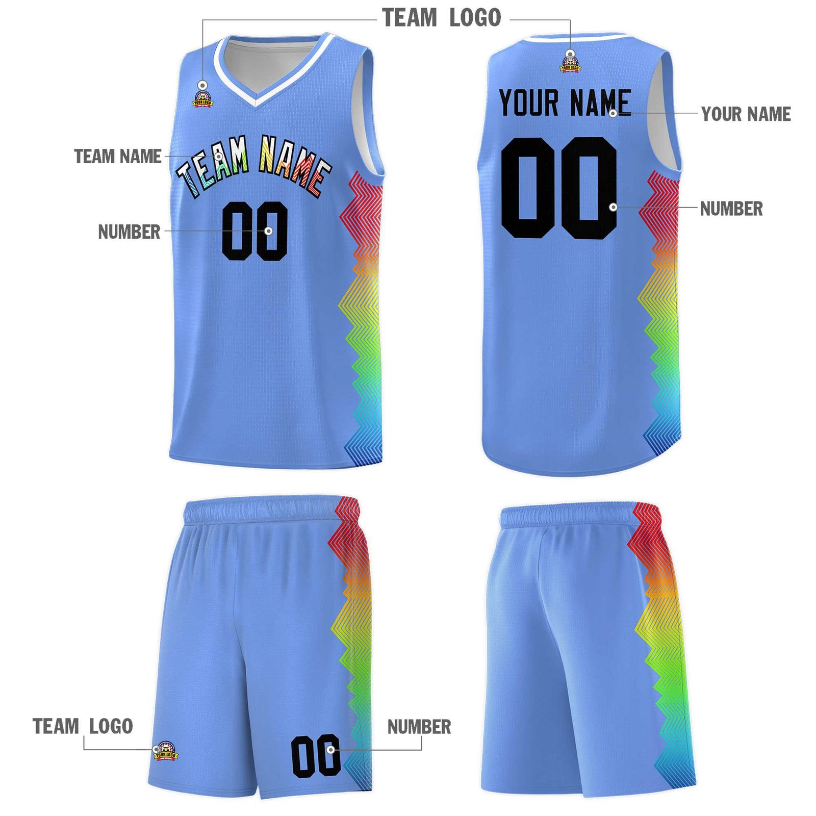 Custom Light Blue Denver Nuggets Rainbow Side Sports Uniform Basketball Jersey