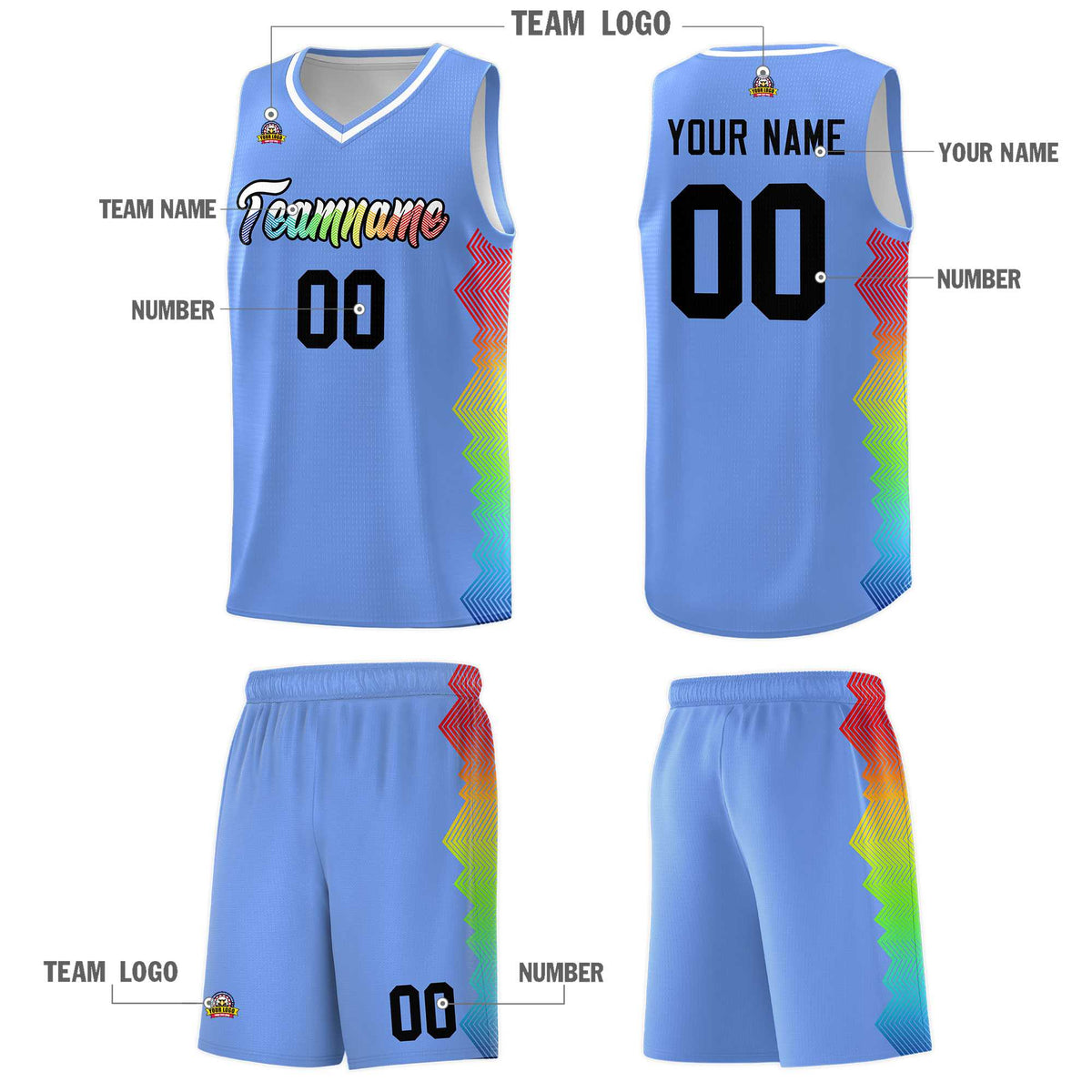 Custom Light Blue Denver Nuggets Rainbow Side Sports Uniform Basketball Jersey