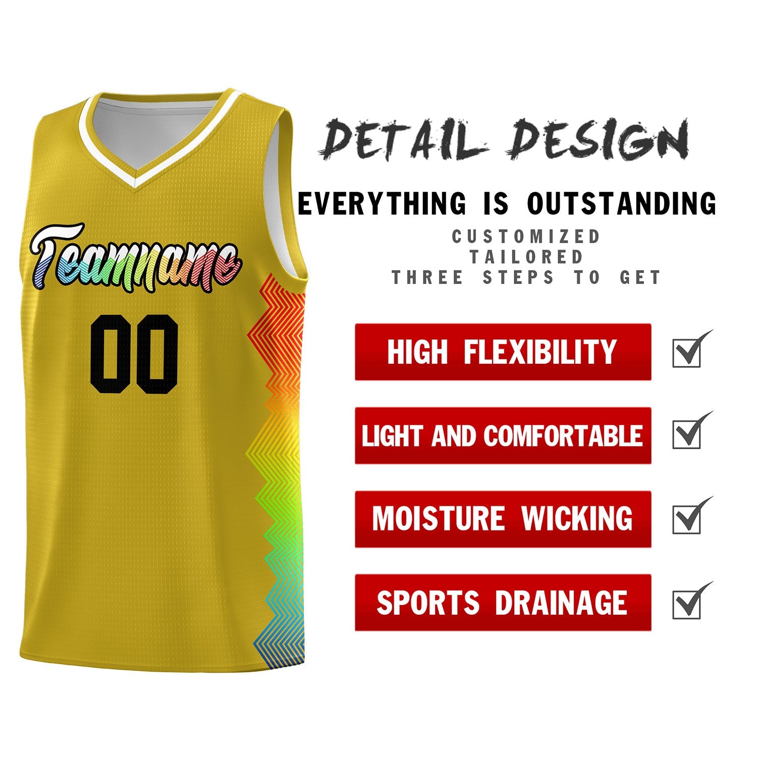 Custom Old Gold Denver Nuggets Rainbow Side Sports Uniform Basketball Jersey