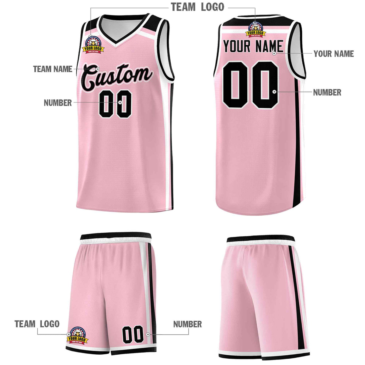 Custom Light Pink White Black Trendy Color Charge Series Sports Uniform Basketball Jersey