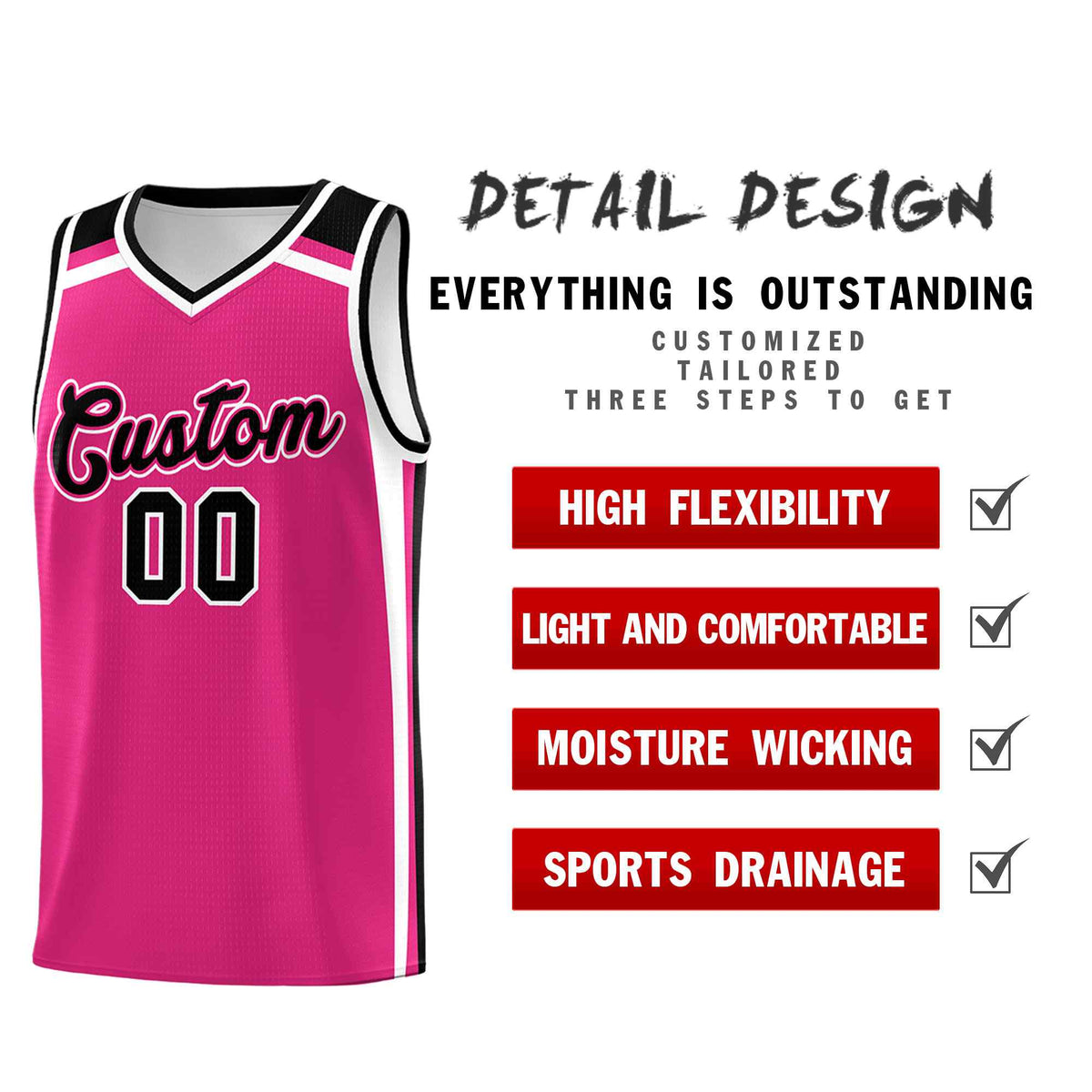 Custom Rose Red Black White Trendy Color Charge Series Sports Uniform Basketball Jersey| KXKSHOP