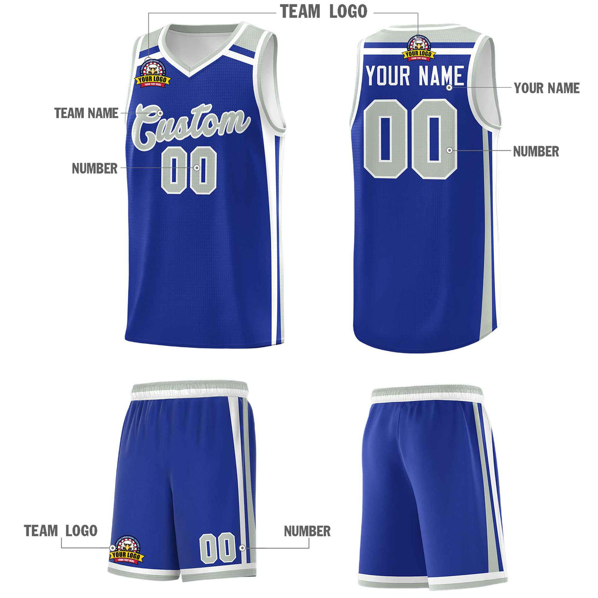 Custom Royal Blue White Gray Trendy Color Charge Series Sports Uniform Basketball Jersey