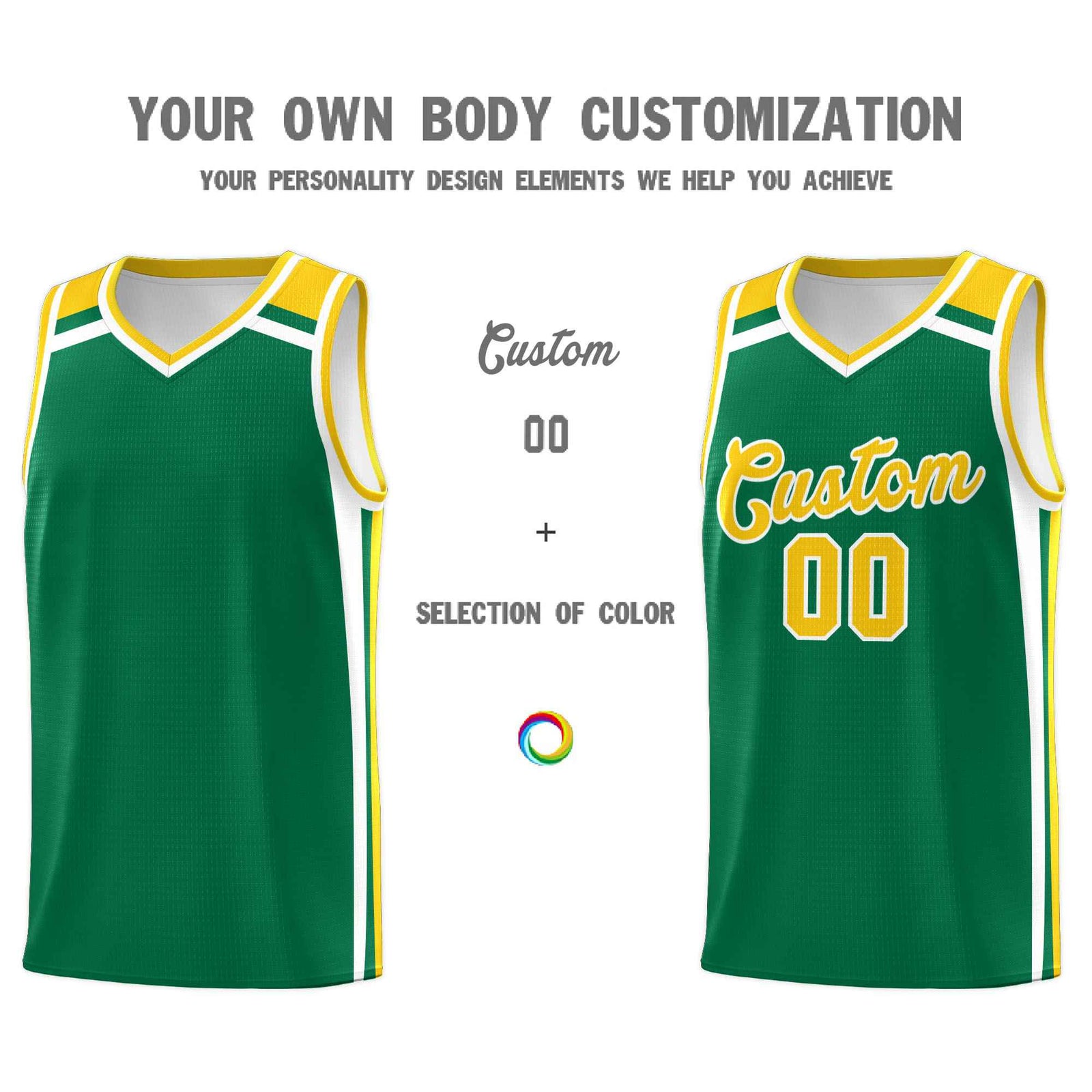 Custom Kelly Green Gold White Trendy Color Charge Series Sports Uniform Basketball Jersey| KXKSHOP