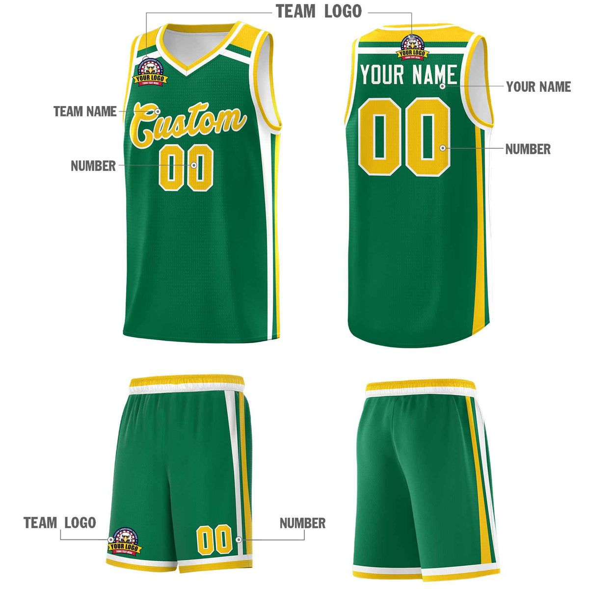 Custom Kelly Green Gold White Trendy Color Charge Series Sports Uniform Basketball Jersey