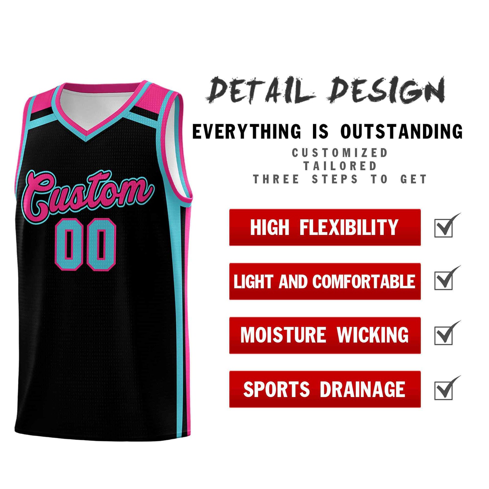 Custom Black Sky Blue Rose Red Trendy Color Charge Series Sports Uniform Basketball Jersey