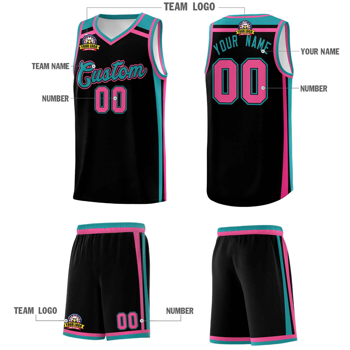 Custom Black Aqua Pink Trendy Color Charge Series Sports Uniform Basketball Jersey