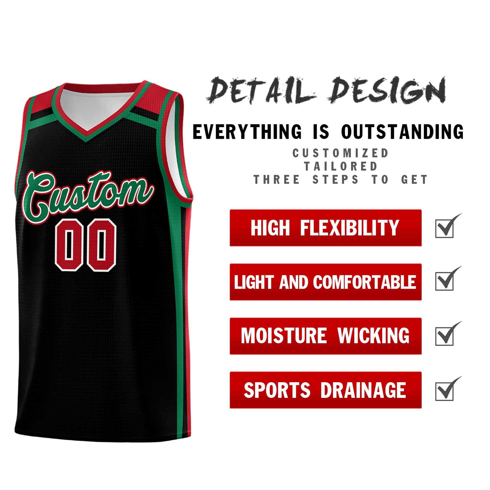 Custom Black Kelly Green Red Trendy Color Charge Series Sports Uniform Basketball Jersey