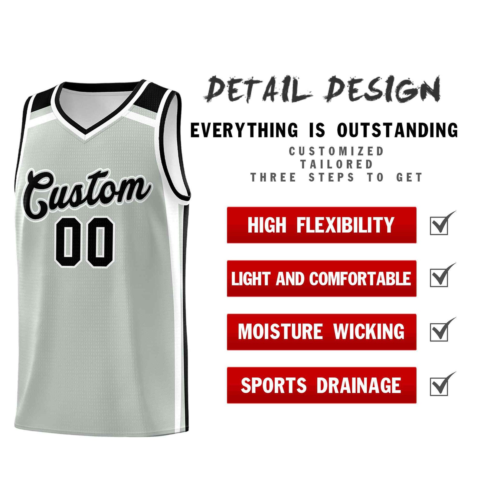 Custom Gray Black White Trendy Color Charge Series Sports Uniform Basketball Jersey
