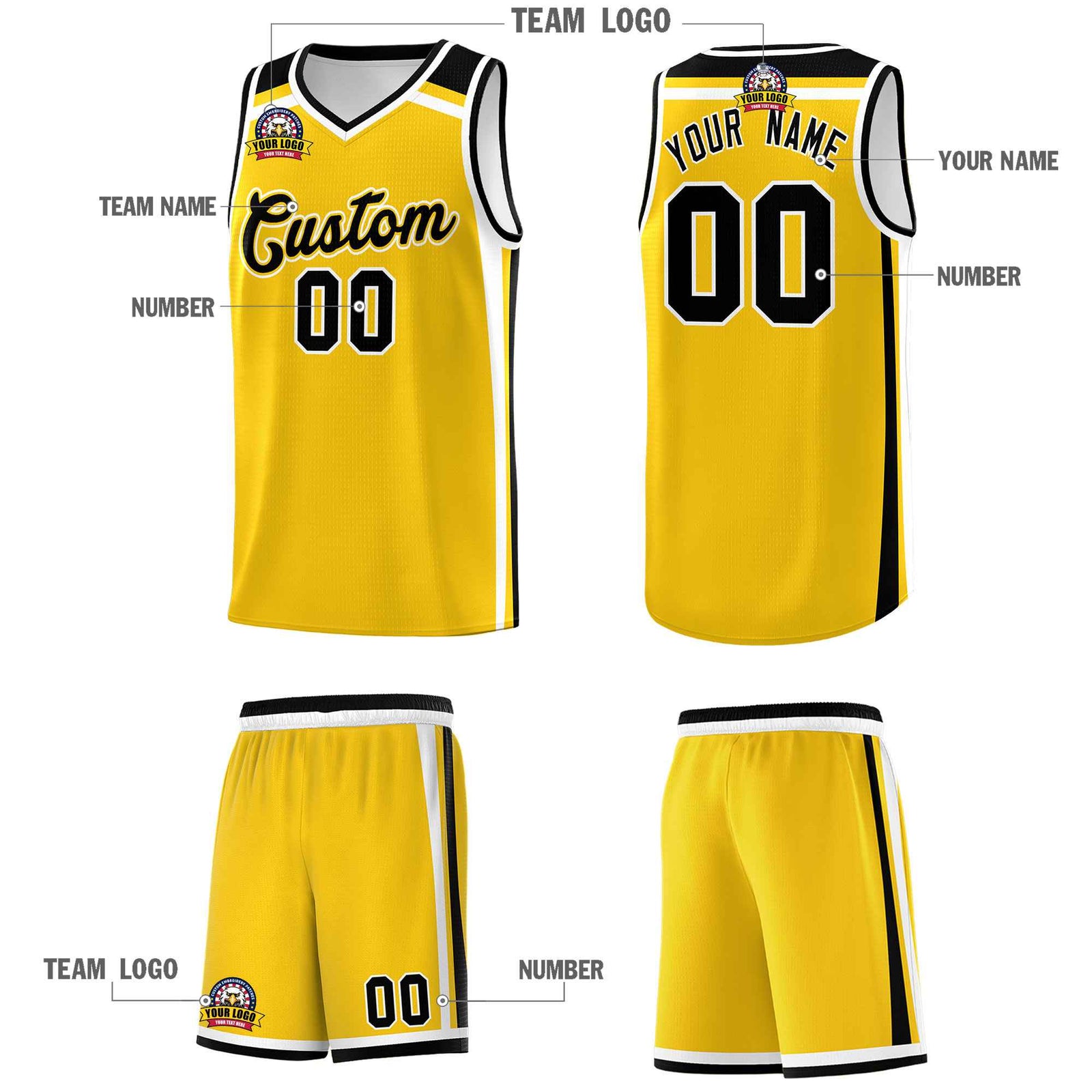 Custom Gold Black White Trendy Color Charge Series Sports Uniform Basketball Jersey