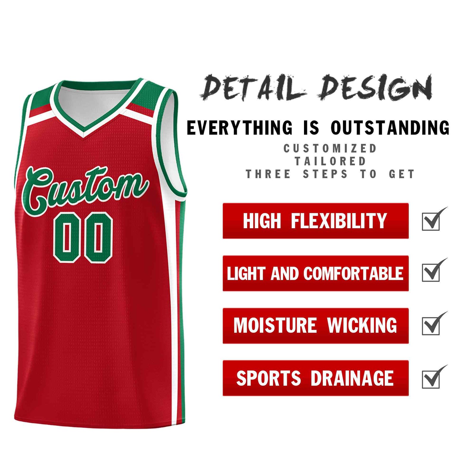 Custom Red White Kelly Green Trendy Color Charge Series Sports Uniform Basketball Jersey