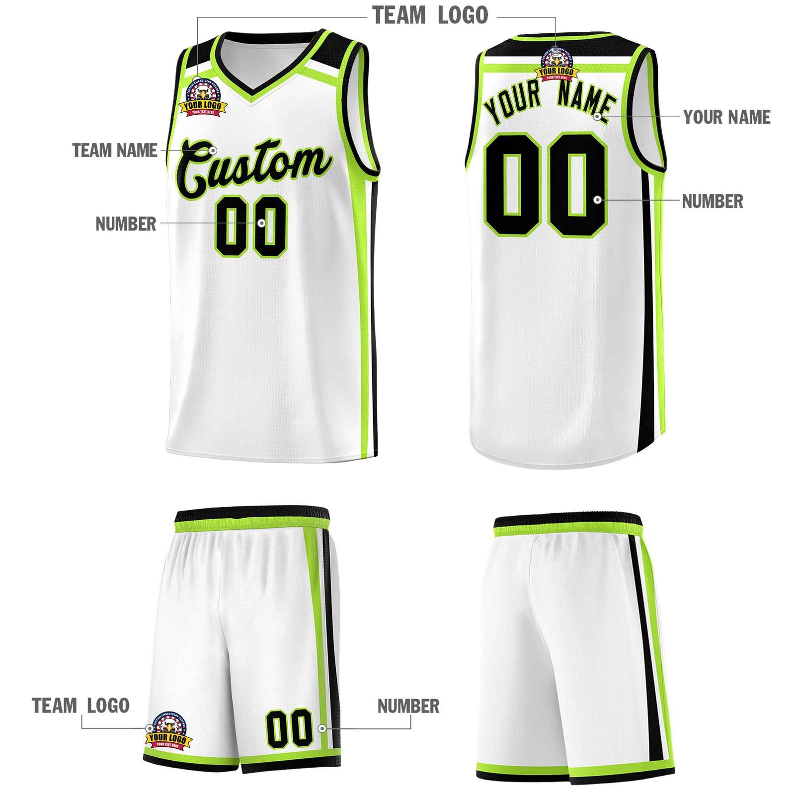 Custom White Black Neon Green Trendy Color Charge Series Sports Uniform Basketball Jersey