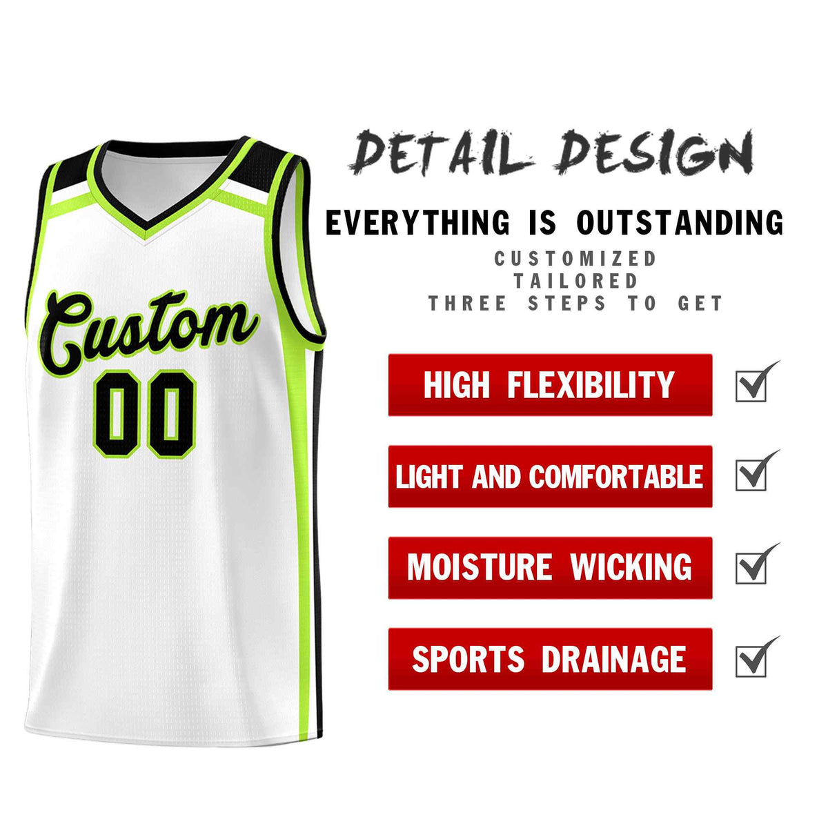 Custom White Black Neon Green Trendy Color Charge Series Sports Uniform Basketball Jersey