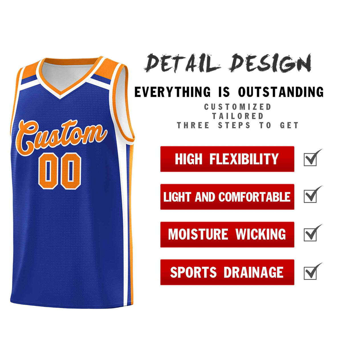 Custom Royal Blue White Orange Trendy Color Charge Series Sports Uniform Basketball Jersey