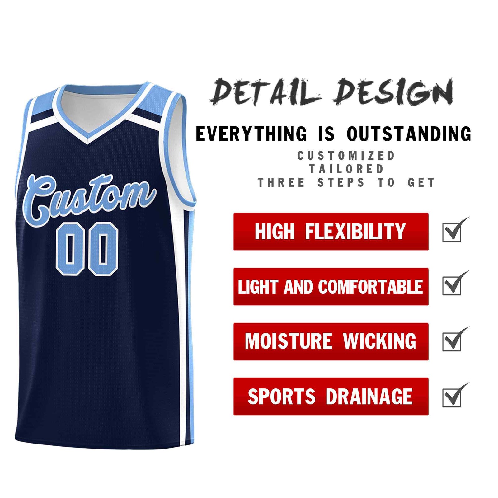Custom Navy Light Blue White Trendy Color Charge Series Sports Uniform Basketball Jersey