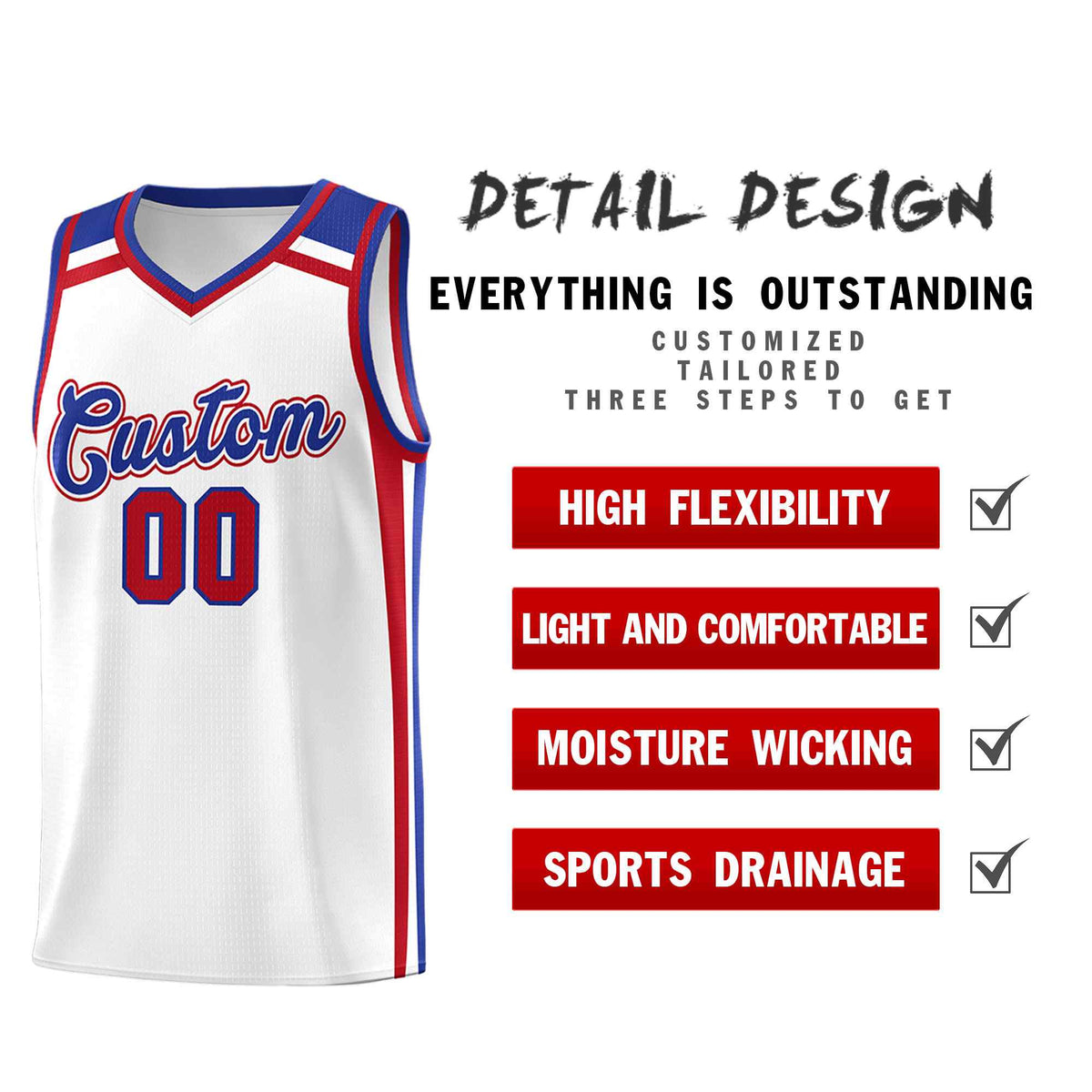 Custom White Royal Blue Red Trendy Color Charge Series Sports Uniform Basketball Jersey