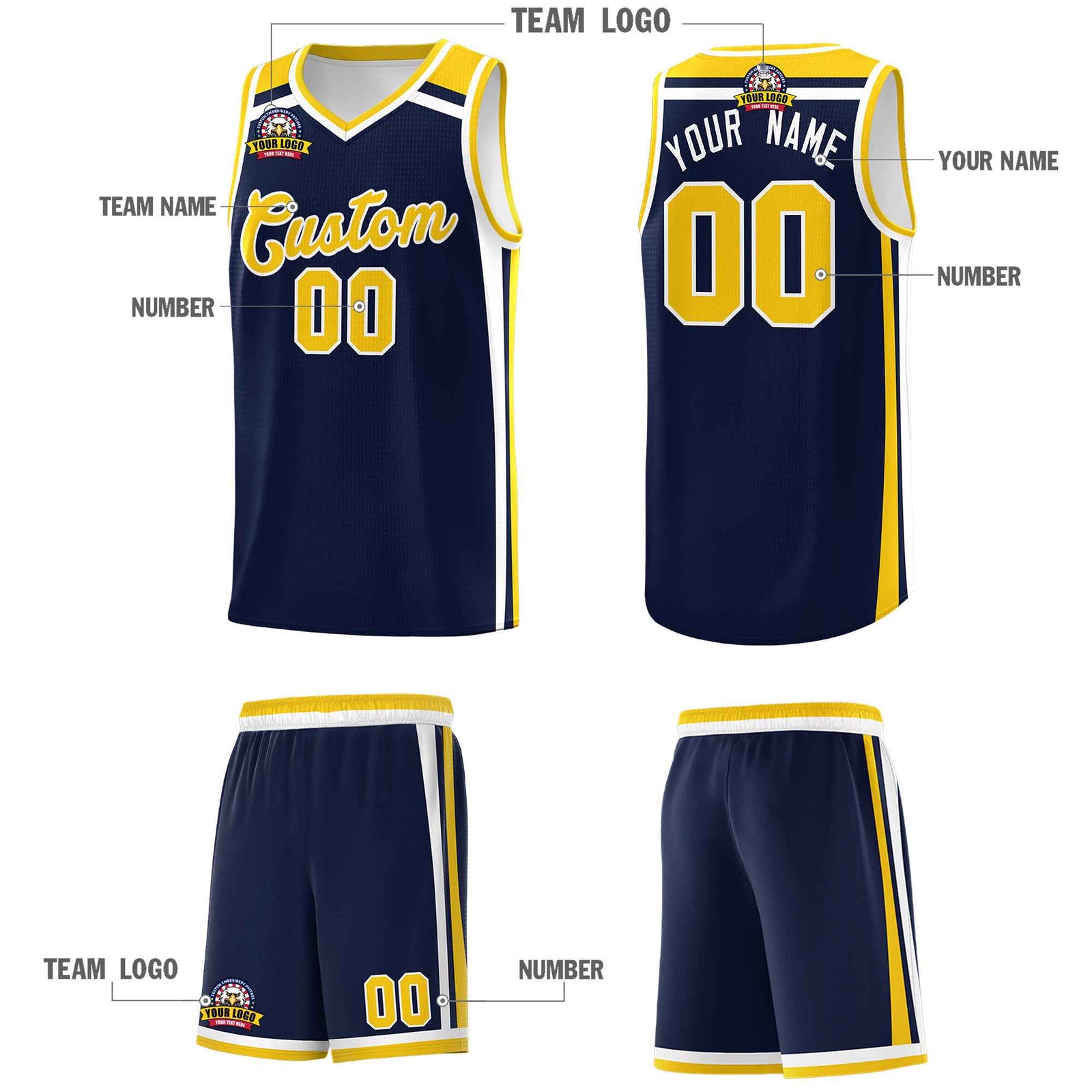 Custom Navy Gold White Trendy Color Charge Series Sports Uniform Basketball Jersey