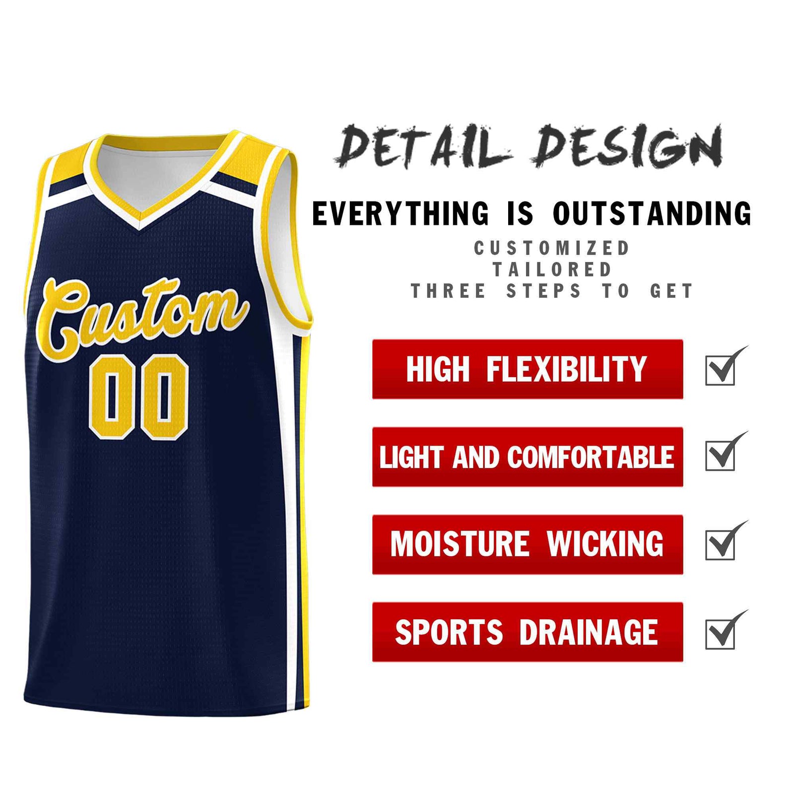 Custom Navy Gold White Trendy Color Charge Series Sports Uniform Basketball Jersey