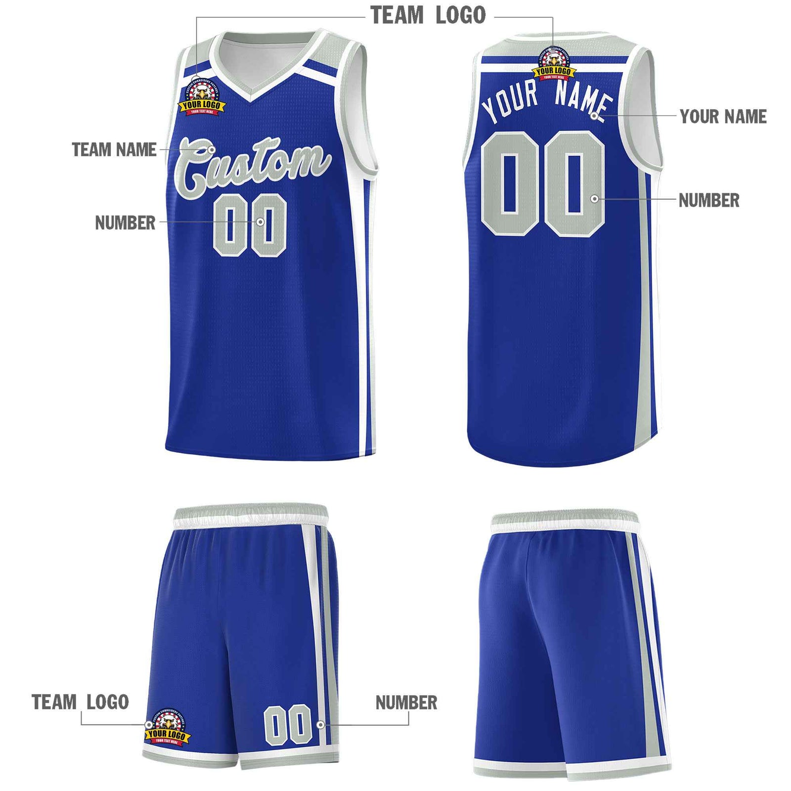 Custom Royal Blue White Gray Trendy Color Charge Series Sports Uniform Basketball Jersey