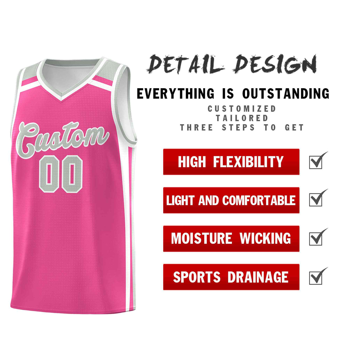 Custom Pink White Gray Trendy Color Charge Series Sports Uniform Basketball Jersey