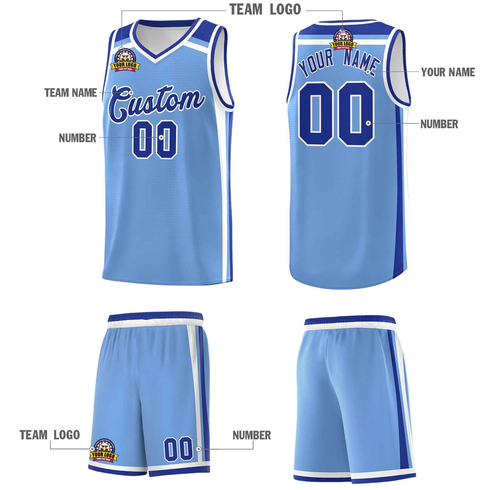 Custom Light Blue Royal Blue White Trendy Color Charge Series Sports Uniform Basketball Jersey