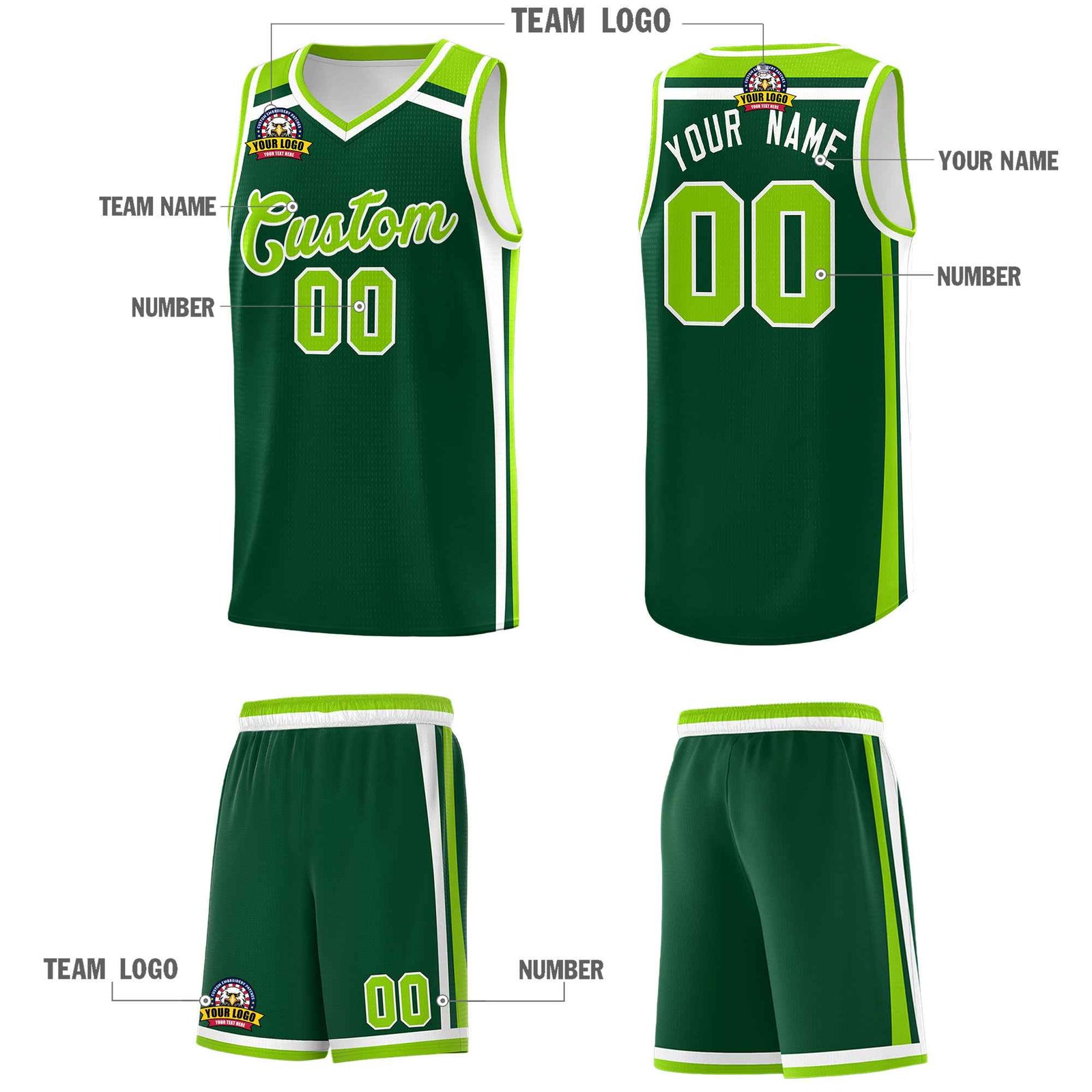Custom Dark Green White Neon Green Trendy Color Charge Series Sports Uniform Basketball Jersey