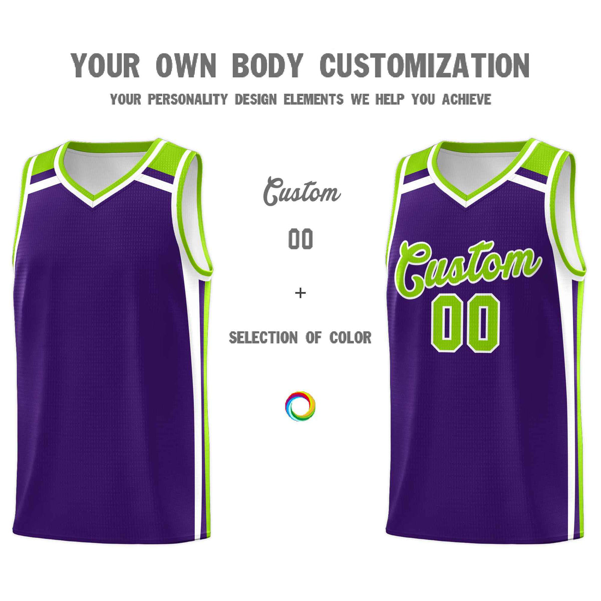 Custom Purple Neon Green White Trendy Color Charge Series Sports Uniform Basketball Jersey