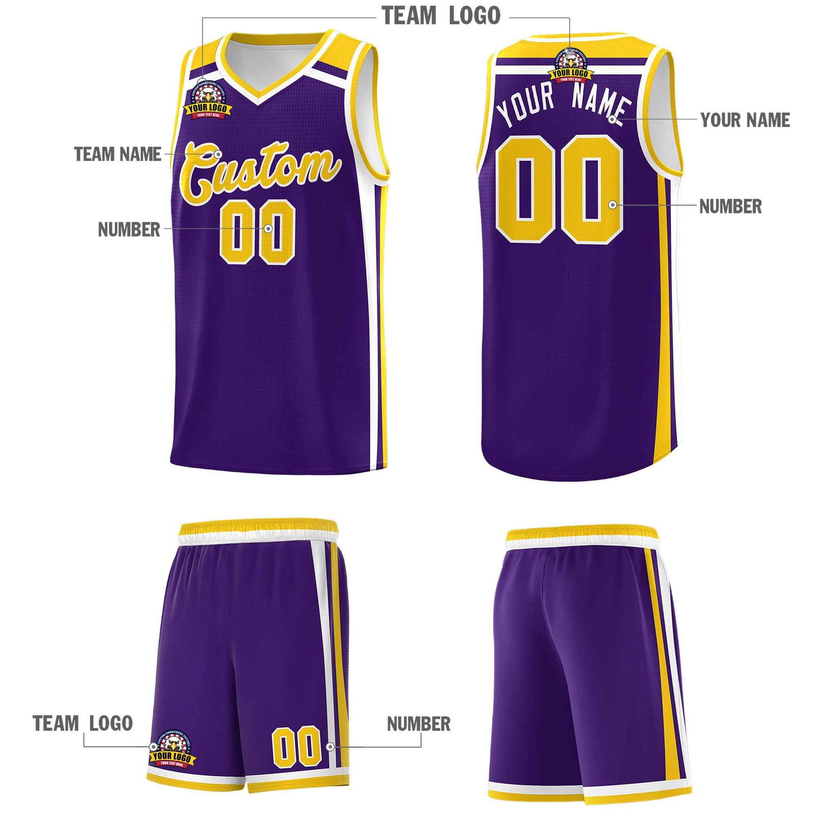 Custom Purple Gold White Trendy Color Charge Series Sports Uniform Basketball Jersey