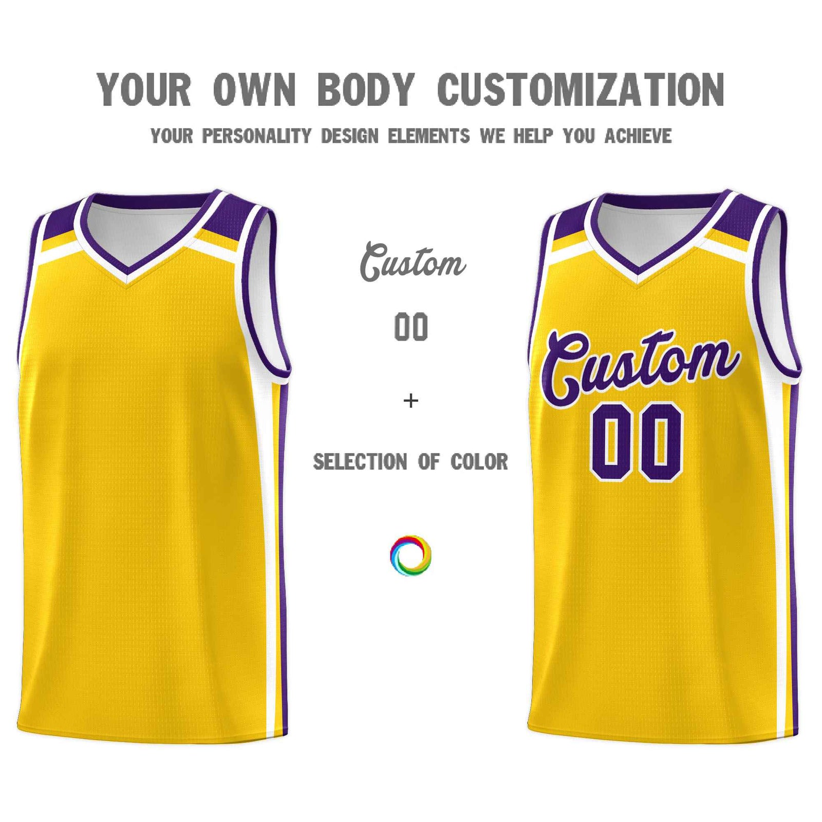 Custom Gold Purple White Trendy Color Charge Series Sports Uniform Basketball Jersey