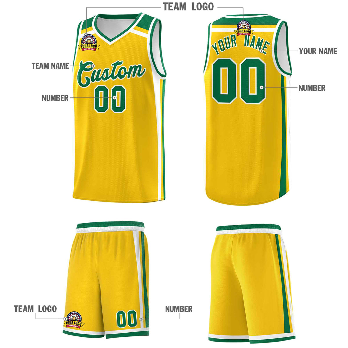 Custom Gold Kelly Green White Trendy Color Charge Series Sports Uniform Basketball Jersey