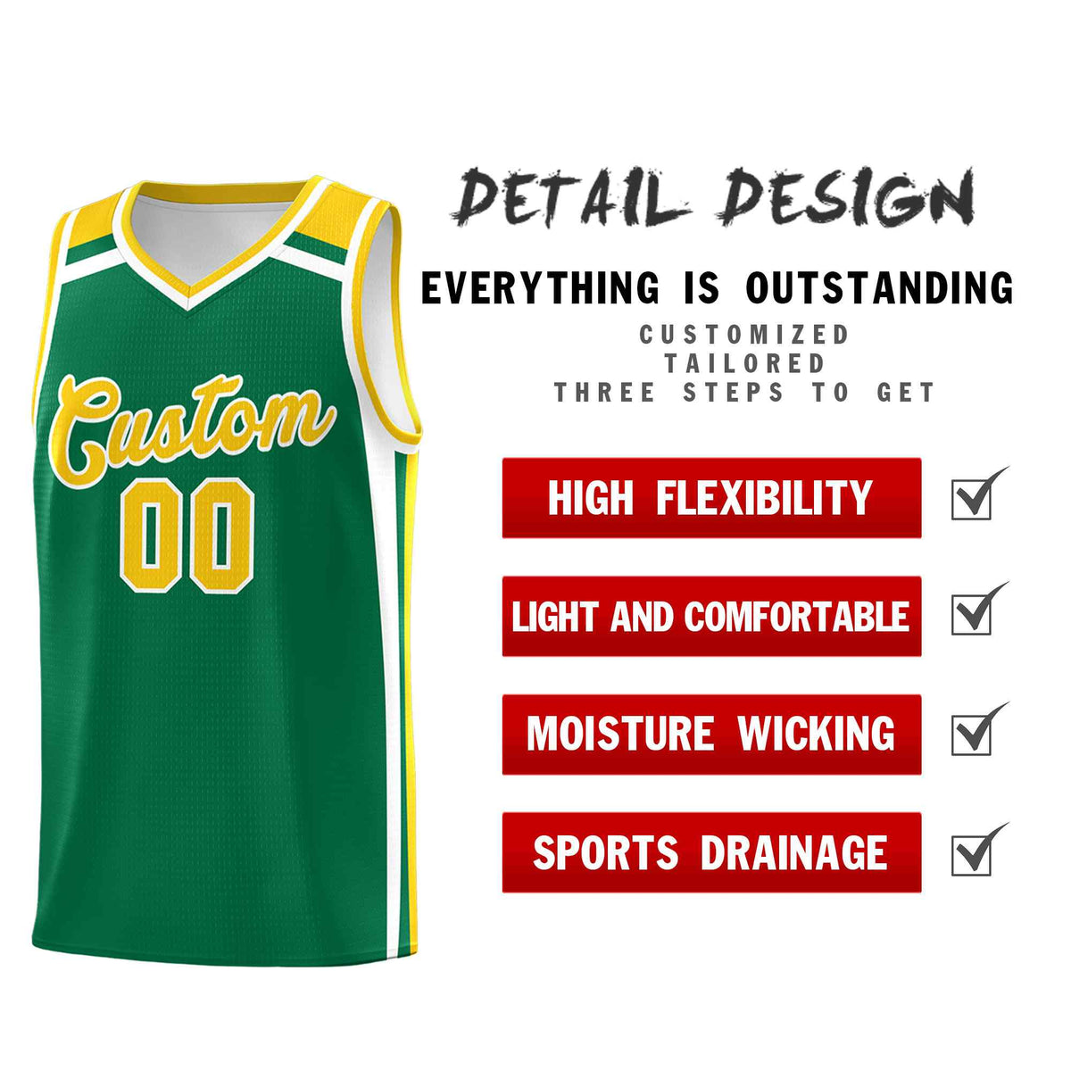 Custom Kelly Green Gold White Trendy Color Charge Series Sports Uniform Basketball Jersey